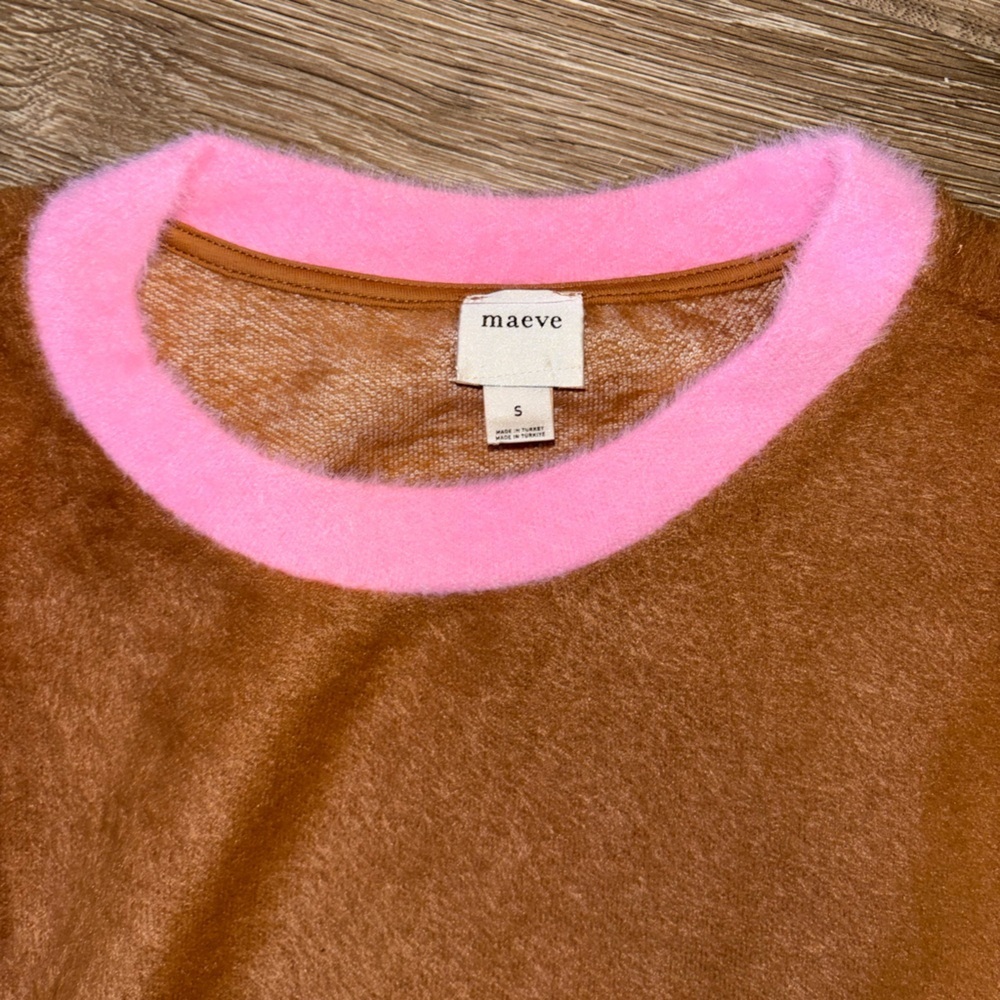 Maeve x Anthropologie Cozy Ringer Brown Pink Fuzzy Oversized Sweater Small - Picture 5 of 8